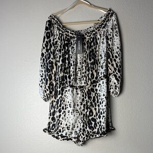 Bebe Leopard Print Off-Shoulder Romper